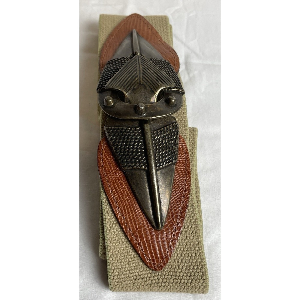 Vtg Omega Arrowhead Stretch Belt Womens Sz L Textured Brass Beige Textile - Picture 2 of 7